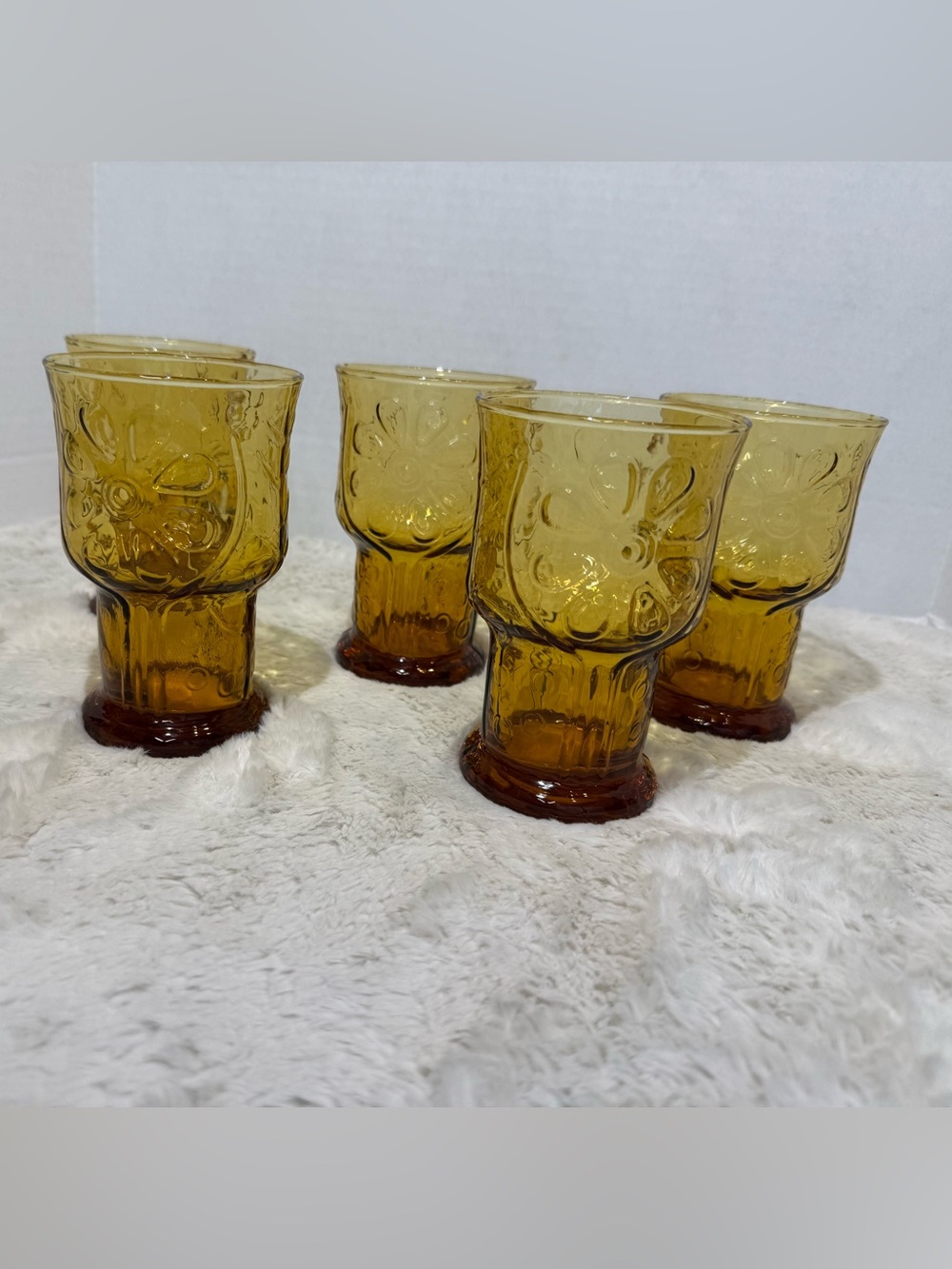 Set of 5~Vintage Libbey “Country Garden” amber water goblets
